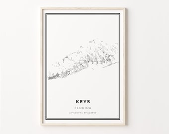 Florida Keys Map Art Print: Modern Black and White Wall Decor