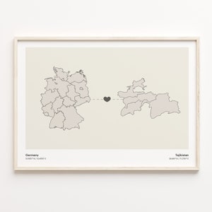 Germany to Tajikistan Print, Taiwanese Gift, Minimalistic Country Connection Map Poster, Travel Wall Art, Volunteer Gift, C21-575