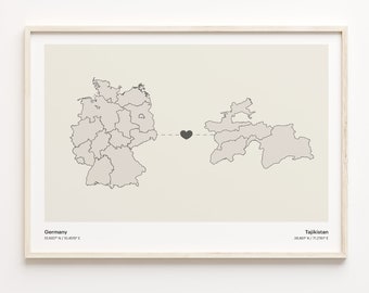 Deutschland Tadschikistan Druck, Minimalistische Landkarte Poster, Reise Wandkunst, Geschenk für Mitarbeiter in Tadschikistan, C21-575