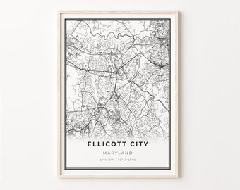 Ellicott City Print, City Map Art Poster, Maryland MD USA, Wall Art Decor, Modern Black and White Style, Office Room Decor, C13-73