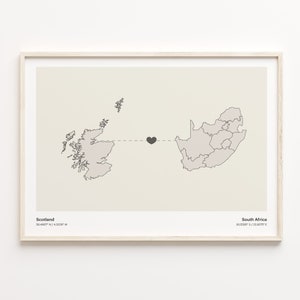 Schottland Südafrika Druck, Südafrikanische Karte, minimalistische Verbindungskarte, Reisewandkunst, Aussiedlergeschenk, C21-1736
