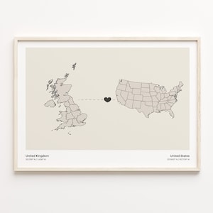 United Kingdom to United States Print, American Gift, Minimalistic Connection Map Poster, Travel Wall Art, Overseas Love, C21-1717