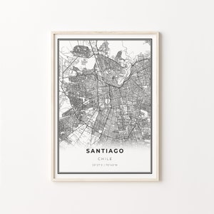 Santiago Print, City Map Art Poster, Chile, Wall Art Decor, Modern Black and White Style, Modern Poster, C13-859