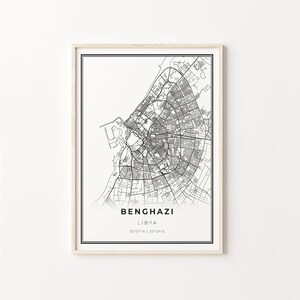 Impression de Benghazi, affiche d'art de carte de ville, Libye, décor d'art de mur, modèle noir et blanc moderne, carte de ville natale, C13-888