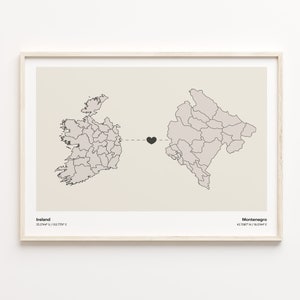 Irland nach Montenegro Druck, mongolisches Geschenk, minimalistisches Landverbindungskarten-Poster, Reise-Wandkunst, Länder-Herz-Geschenk, C21-1118
