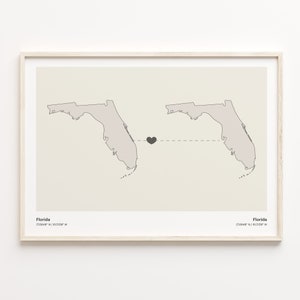 Florida naar Florida print, Florida gift, minimalistische State Connection kaart poster, kunst aan de muur reizen, expat kaart, C21-1308