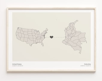 United States to Colombia Print, Colombian Gift, Minimalistic Country Connection Map Poster, USA Wall Art, Far Apart Map, C21-39