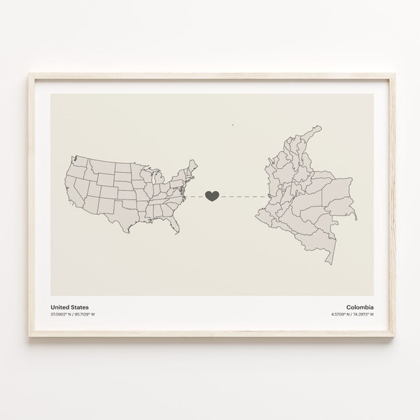 USA Kolumbien Druck, kolumbianische Geschenk, minimalistische Landkarte Poster, USA Wandkunst, Far Apart Karte, C21-39