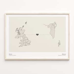 Britain to Bahrain Print, Bahraini Geschenk, Minimalistische Landkarte Poster, Vereinigtes Königreich Kunst, Umzugsgeschenk, C21-212