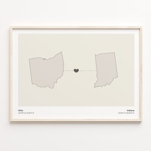 Ohio Indiana Druck, Hoosier Geschenk, Minimalistische US Bundesstaat Verbindung Karte Poster, Reise Wandkunst, Far Apart, C21-1522