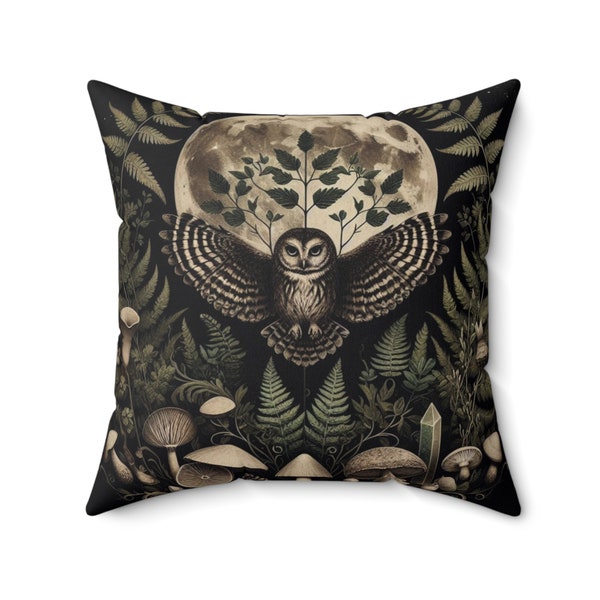 Owl Spirit Pillow: Mystical Boho Charm - Feather, Mandala, Fern, Double-Sided Print, Enchanting Home Decor, Wisdom, Witchcore, Shaman