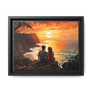 Cliffside Love Affair: Para na zachodzie słońca nad oceanem, płótno, kwadratowa rama