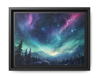 Aurora Borealis Encantadora: Cielo Nocturno Cósmico, Lienzo Envuelto, Marco Cuadrado
