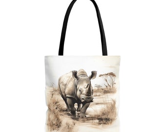 Tote bag|Rhino in Wilderness Tote Bag|Rhino Tote Bag|Rhinoceros Library book bag|Rhino Rhinoceros|Trendy Tote for Women|Rhino Shoulder Bag