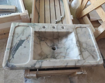 Lavabo de mármol Calacatta Monet, tallado a mano en color verde, para baño con montaje en pared.