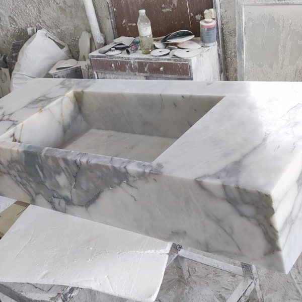 Calacatta Monet Marble Sink,Custom Order Washbasin, Powder Room Marble Sink, Natural Stone, Special Order, Kitchen Tool, Hand Carved Sink