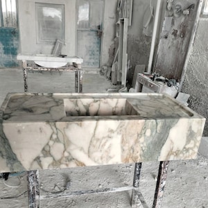Calacatta Monet Marble Vanity, Green Marble, Powder Room Marble Sink, Wall Mounted Marble Sink, Hand Carved Marble Vanity, Natural Stone