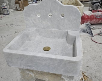 Lavabo de mármol de Carrara, tocador tallado a mano, lavabo de piedra natural montado en la pared.
