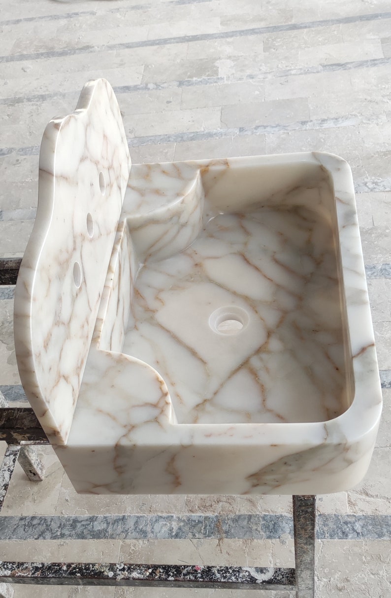 Fregadero de mármol dorado, lavabo de pedido personalizado, fregadero de tocador, fregadero de mármol montado en la pared, tocador de mármol tallado a mano, piedra natural, herramienta de cocina imagen 5