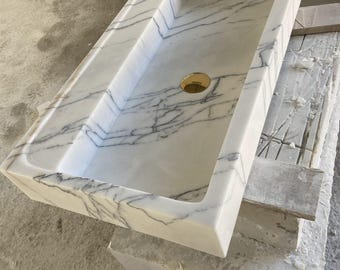 Lilac Marble Sink, Hand Carved Natural Stone Vanity, Wall Mounted Basin