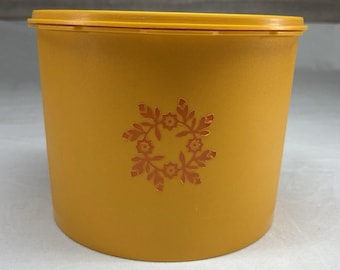 VTG Tupperware Servalier Orange/Yellow Canister 1626 W/Lid Harvest Wreath