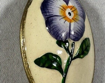 Vintage Purple Pansy Flower Brooch Green White Hand Painted Enamel Pin