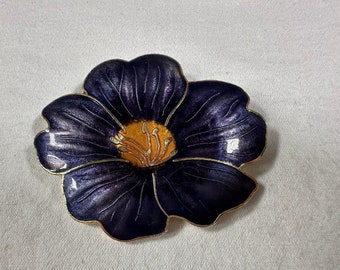 Vintage Gold Tone Hibiscus Purple Flower Enamel Brooch Pin