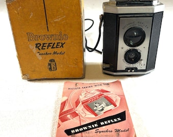 Cámara Kodak Brownie Reflex Synchro de la década de 1940, vintage, sin probar, fabricada en EE. UU.