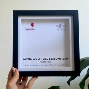 Könnte beinhalten: Ein schwarzer gerahmtes Zertifikat mit weißem Hintergrund. Das Zertifikat lautet "ALPHA WOLF | ALL SEASONS 2019" und "SHANE BEZ". Unter dem Text steht "£18,560 raised in aid of Birmingham Children's Hospital Charity". Oben auf dem Zertifikat befindet sich ein roter Ballon mit den Worten "Birmingham Children's Hospital" und ein roter Pfotenabdruck mit den Worten "WOLF RUN".