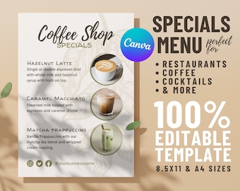 Editable Canva "Specials" Menu Template for Small Businesses, Restaurants, Coffee shops, Bars in Full Page and A4, Printable