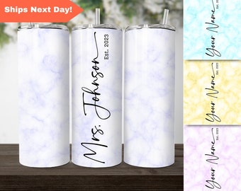 Personalized Name Tumbler with Wedding Year for Bride, Marble Tumbler for Bride, Bridal Shower Gift, Custom Mrs Tumbler, Bachelorette Party