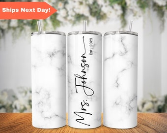 Personalized Name Tumbler with Wedding Year for Bride, Cute Marble Print Tumbler for Bride, Bridal Shower Gift, Bride to Be, Wife Gift