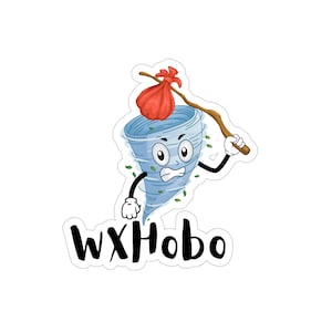 Puede incluir: Una ilustración de dibujos animados de un tornado azul con una bolsa roja y un palo, con el texto "WXhobo" debajo.