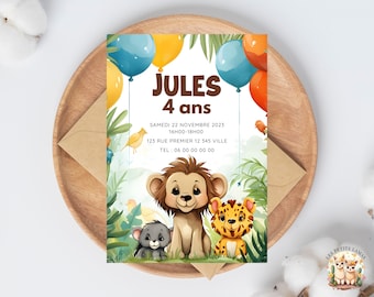 Invitation Anniversaire Personnalisée enfant thème animaux de la jungle, safari. Invitation digitale à télécharger et à imprimer.