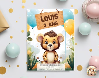 Personalized child's birthday invitation with jungle animal theme, safari, to download and print. Digital invitation.