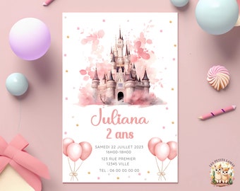 Invitation personnalisée anniversaire fille thème château et princesse à télécharger et à imprimer. Invitation digitale.