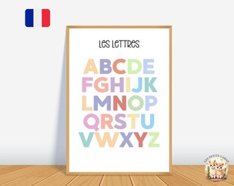 Educational poster for learning the alphabet in French. Pastel decoration. Child preschool learning. Download and print