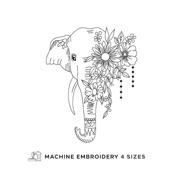 Elephant Machine Embroidery desings, Line Art Elephant with Flowers embroidery patterns 7 size Instant download