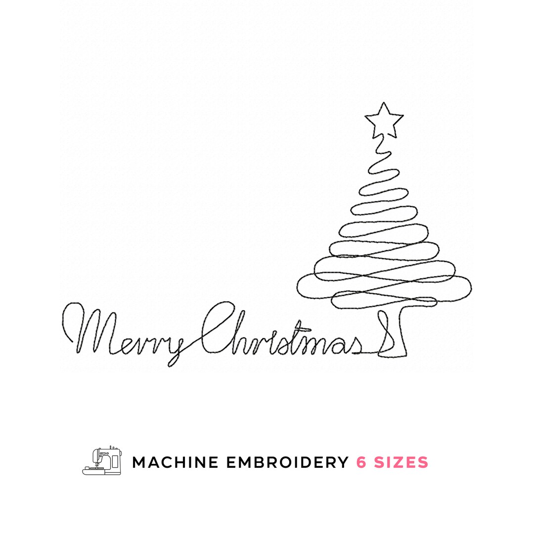 Merry Christmas Embroidery Design, Christmas Tree Embroidery Art Line