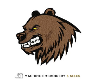 Angry Bear Head Embroidery Design, Bear Embroidery Patterns, Wild patch embroidery, 5 size Instant Download