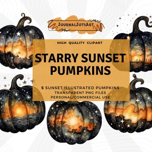 Watercolor Pumpkins Clipart Set, Starry Black and Orange Sunset, Instant Digital Download