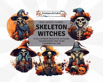 Halloween Skeleton Witches Clipart Bundle, Instant Digital Download