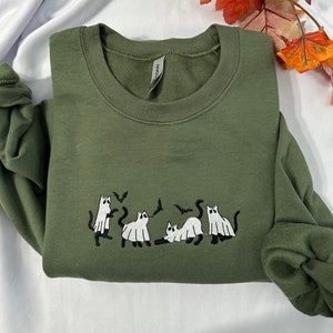 Ghost Cat Embroidered Sweatshirt, Cute Halloween Crewneck, Spooky Cat Embroidery, Cozy Fall Sweater, Witchy Gift for Her or Him