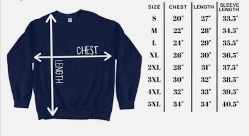 May include: A navy blue sweatshirt with size chart showing chest, length, and sleeve length measurements in inches.