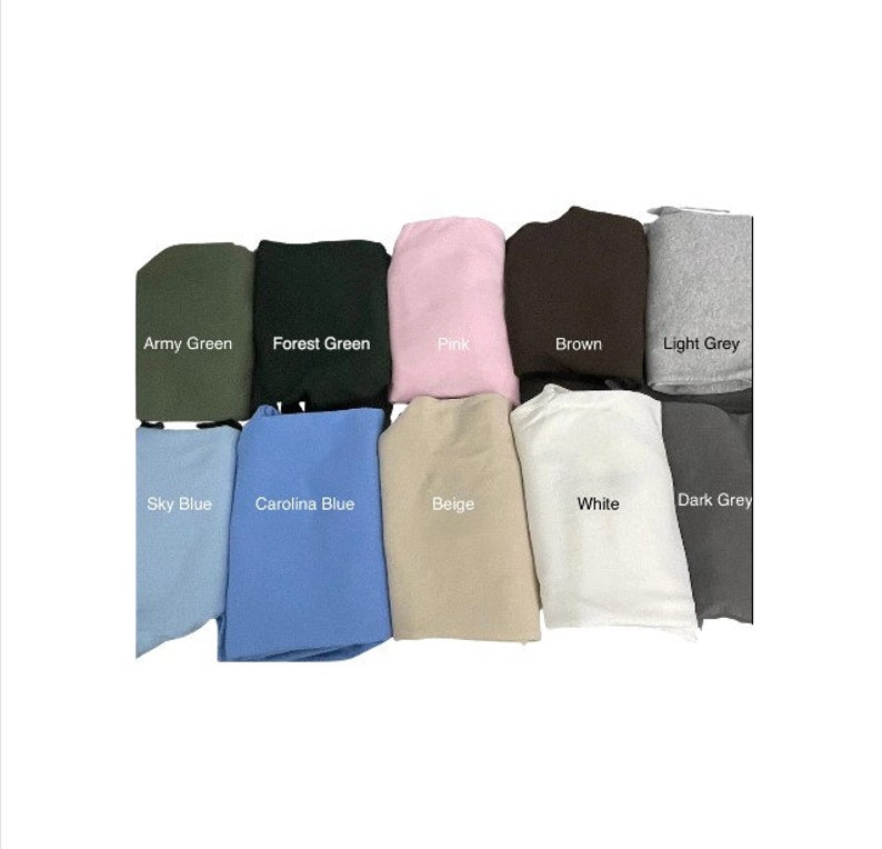 May include: A selection of ten fabric swatches in various colors, including army green, forest green, pink, brown, light grey, sky blue, carolina blue, beige, white, and dark grey.