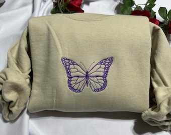 Butterfly embroidered sweatshirt; Butterfly embroidered crewneck, gift for mothers, breast cancer awareness gift