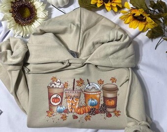 Fall Pumpkin spice hoodie ; Fall Coffee hoodie for women,  Retro Christmas graphic print hoodie, thanksgiving sweater