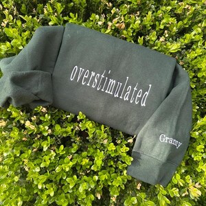 May include: A dark green sweatshirt with the text "overstimulated" embroidered in white on the front and "Grammy" embroidered in white on the sleeve.
