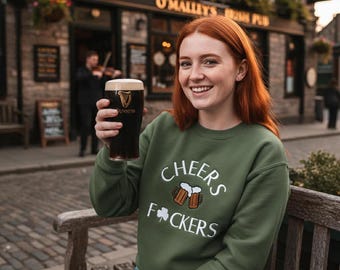 Sudadera bordada "Cheers F*ckers": divertida sudadera de cuello redondo para el Día de San Patricio, regalos de moda para 2026