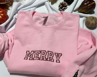 Merry embroidered  crewneck; Christmas tree cuff embroidery; Retro Christmas crewneck; Women clothing